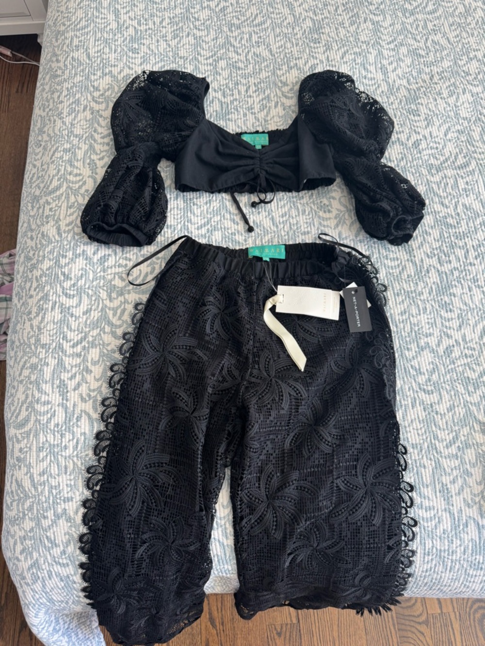 Waimari Black Crochet Two-Piece Puff Sleeve Top (pants listed separately)
